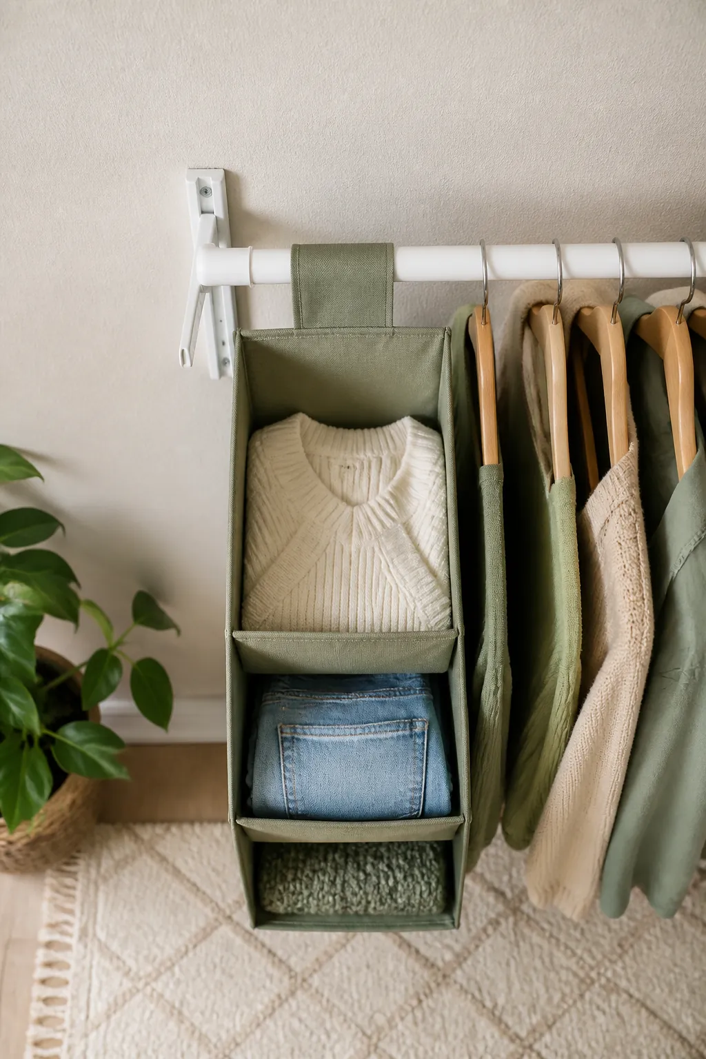 A wall-mounted closet rail bracket with a loaded hanging laundry sorter suspended next to it