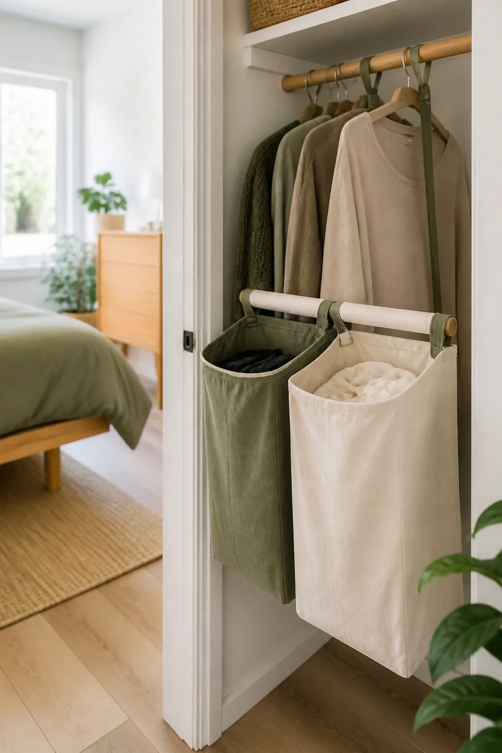 A two-section hanging sorter in a closet, one bag holding darks and the other lights
