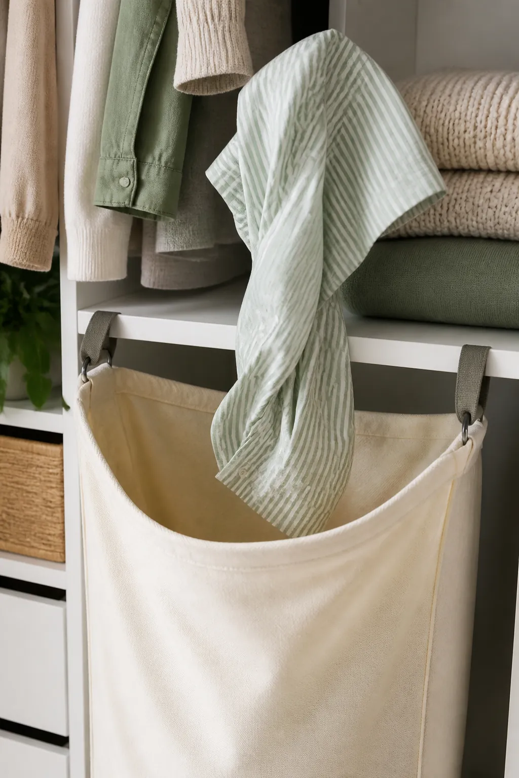 A shirt dropping into an open hanging laundry bag inside a reach-in closet