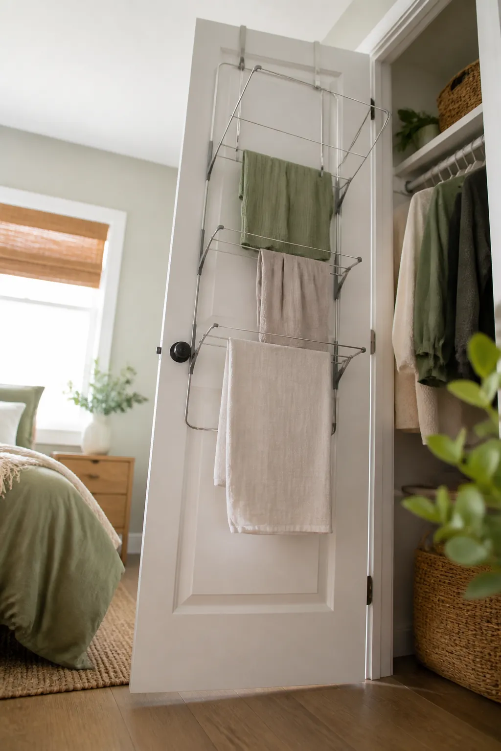 A folding over-the-door drying rack opened on the back of a closet door with damp items hanging