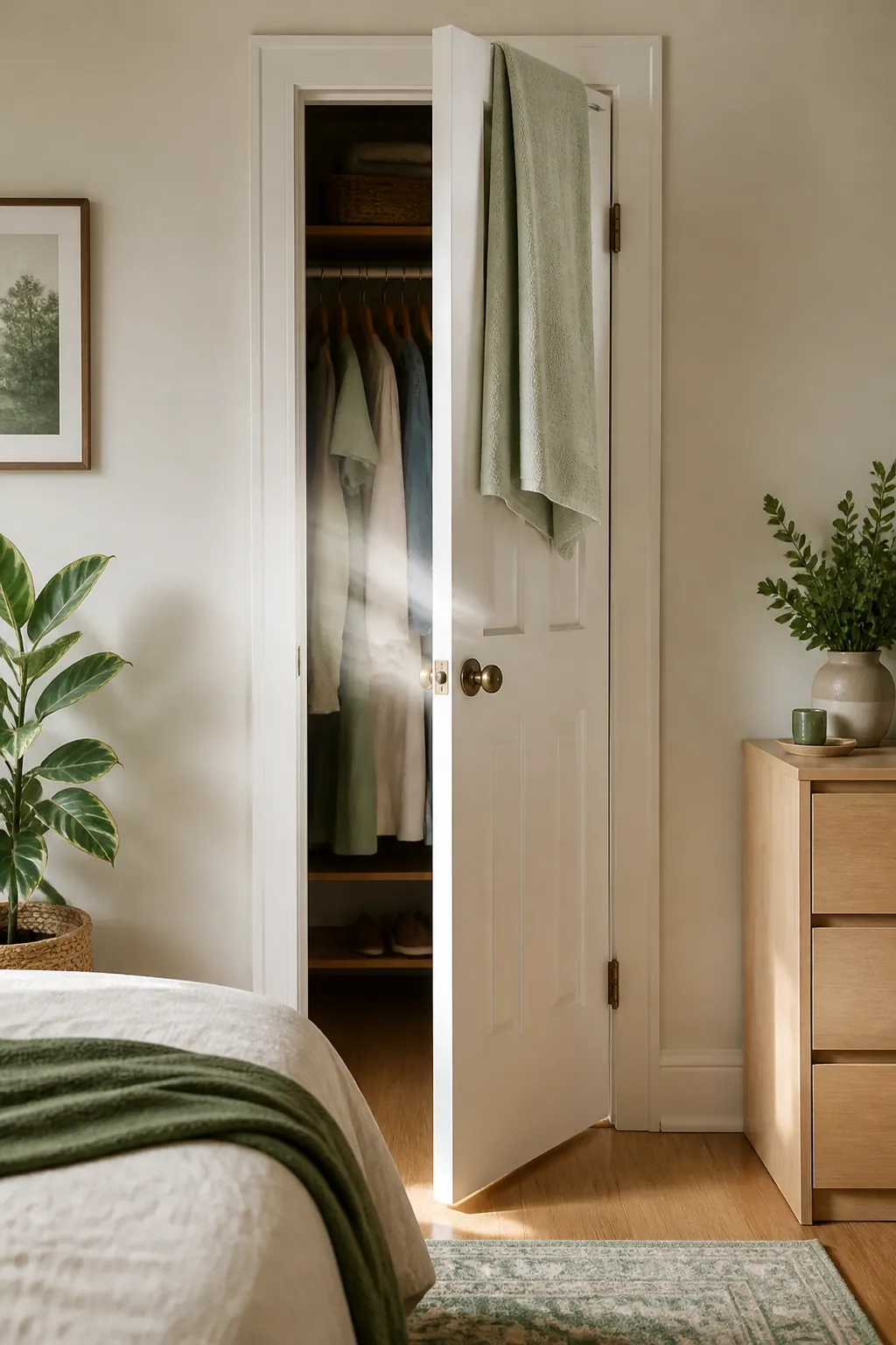 An open closet door with a damp towel hung on the rail to let air reach it