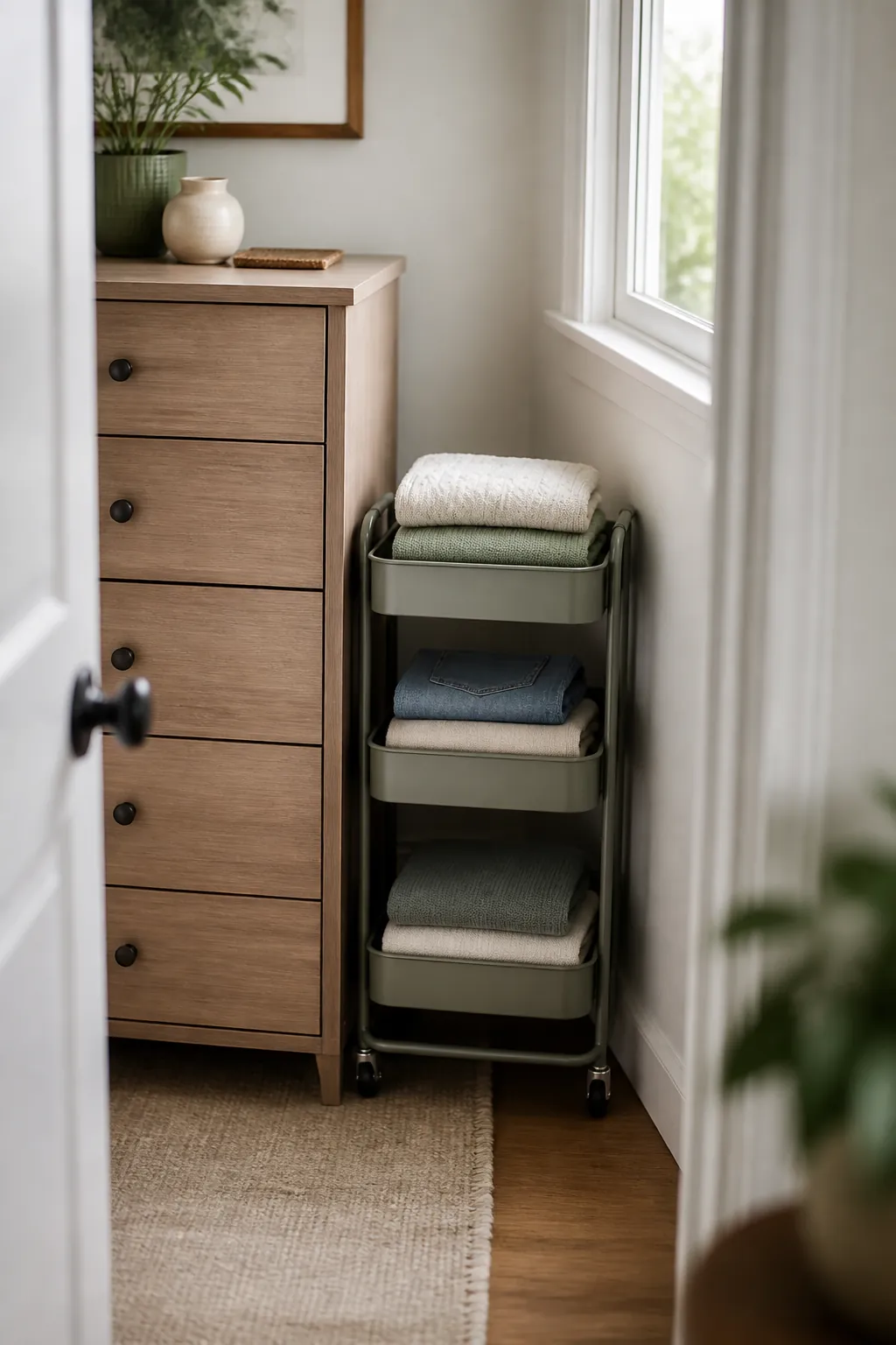 A slim rolling laundry cart parked in a narrow gap beside a chest of drawers holding folded clothes