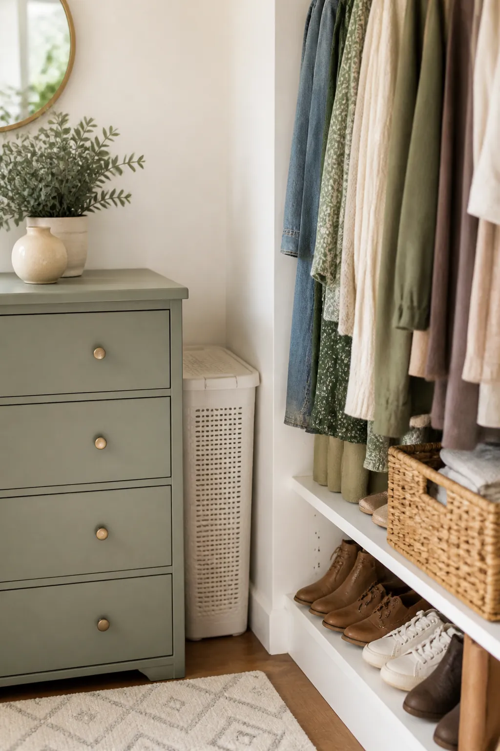 A narrow laundry basket parked in the gap beside a chest of drawers, walkway clear