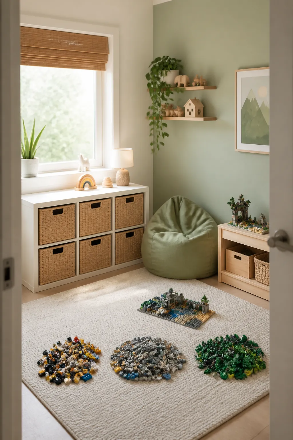 LEGO bricks, minifigures and a half-finished set sorted into three separate piles on a floor.