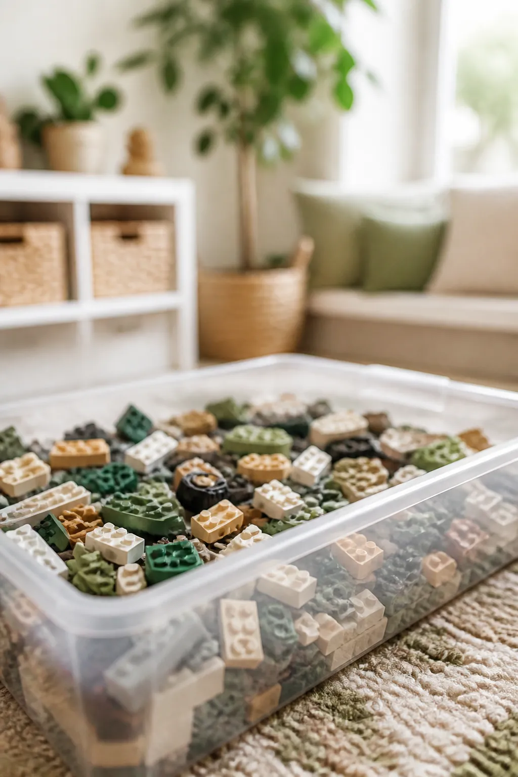 Bulk LEGO bricks spread across a wide, shallow clear storage bin set on a playroom floor.