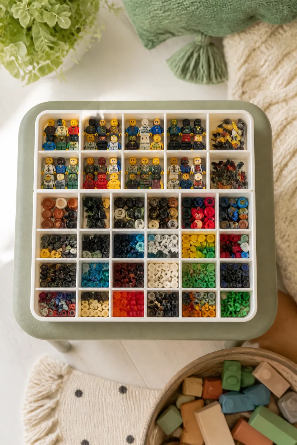 Minifigures and small LEGO accessory pieces sorted into the compartments of a small parts organizer.