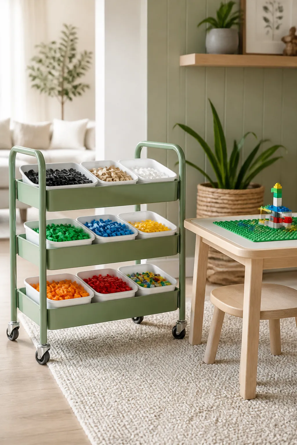 A rolling storage cart loaded with sorted bins of LEGO bricks parked beside a low playroom table.