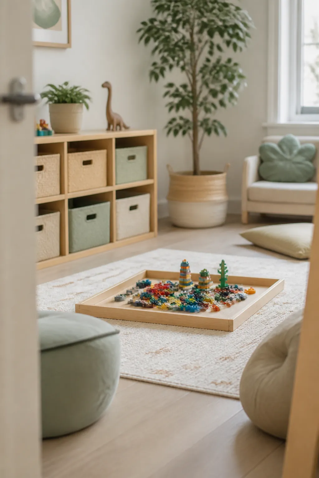 A shallow building tray on a playroom floor holding LEGO bricks in use during a building session.