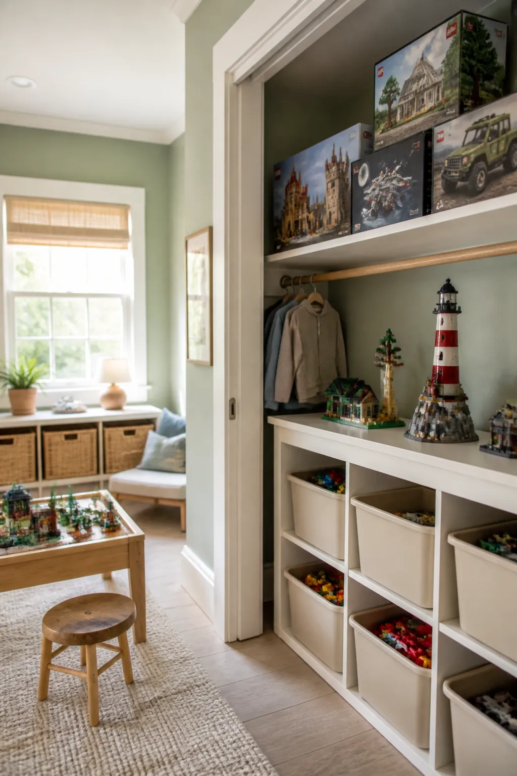 Boxed LEGO sets stored in a closet on a shelf above a playroom, not part of the active rotation.