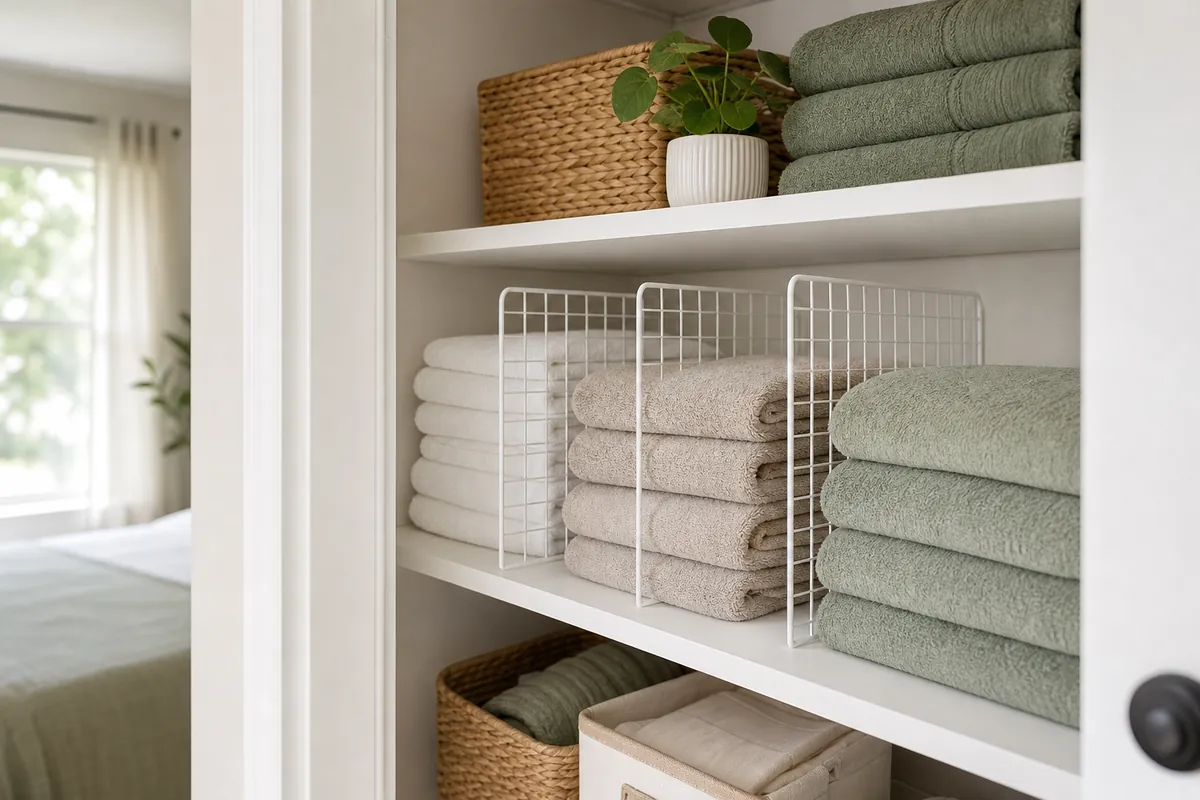 Wire shelf dividers separating folded towel stacks on a linen closet shelf so the piles cannot lean or topple