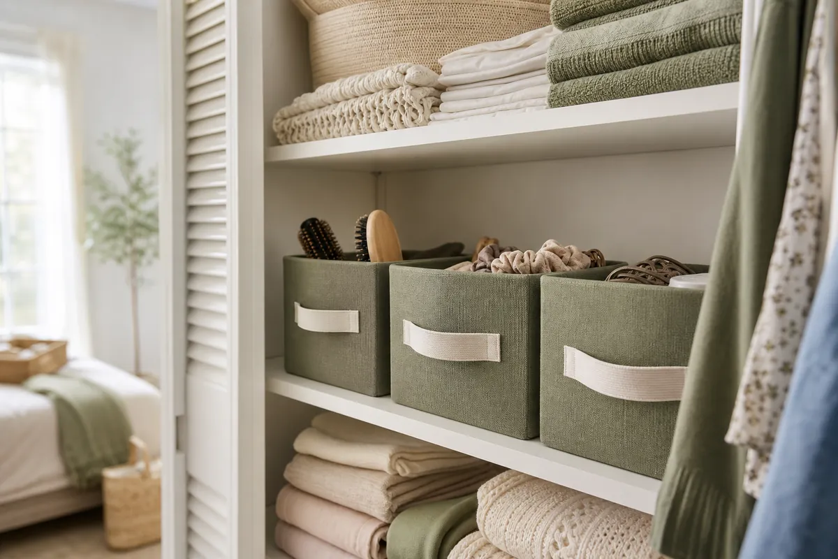 Fabric storage bins with handles on a linen closet shelf containing the small loose items that scatter across shelves