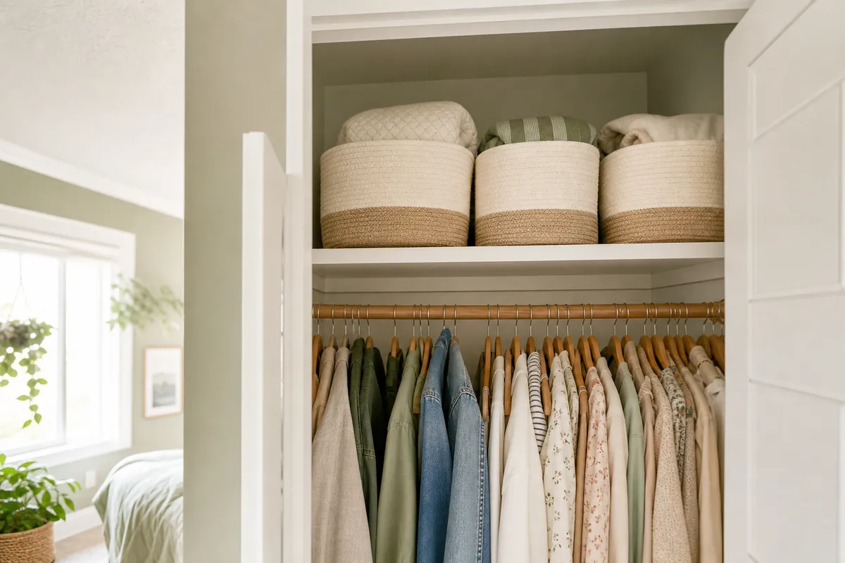 Labeled bins filling the tall unused space on the top shelf of a linen closet near the ceiling