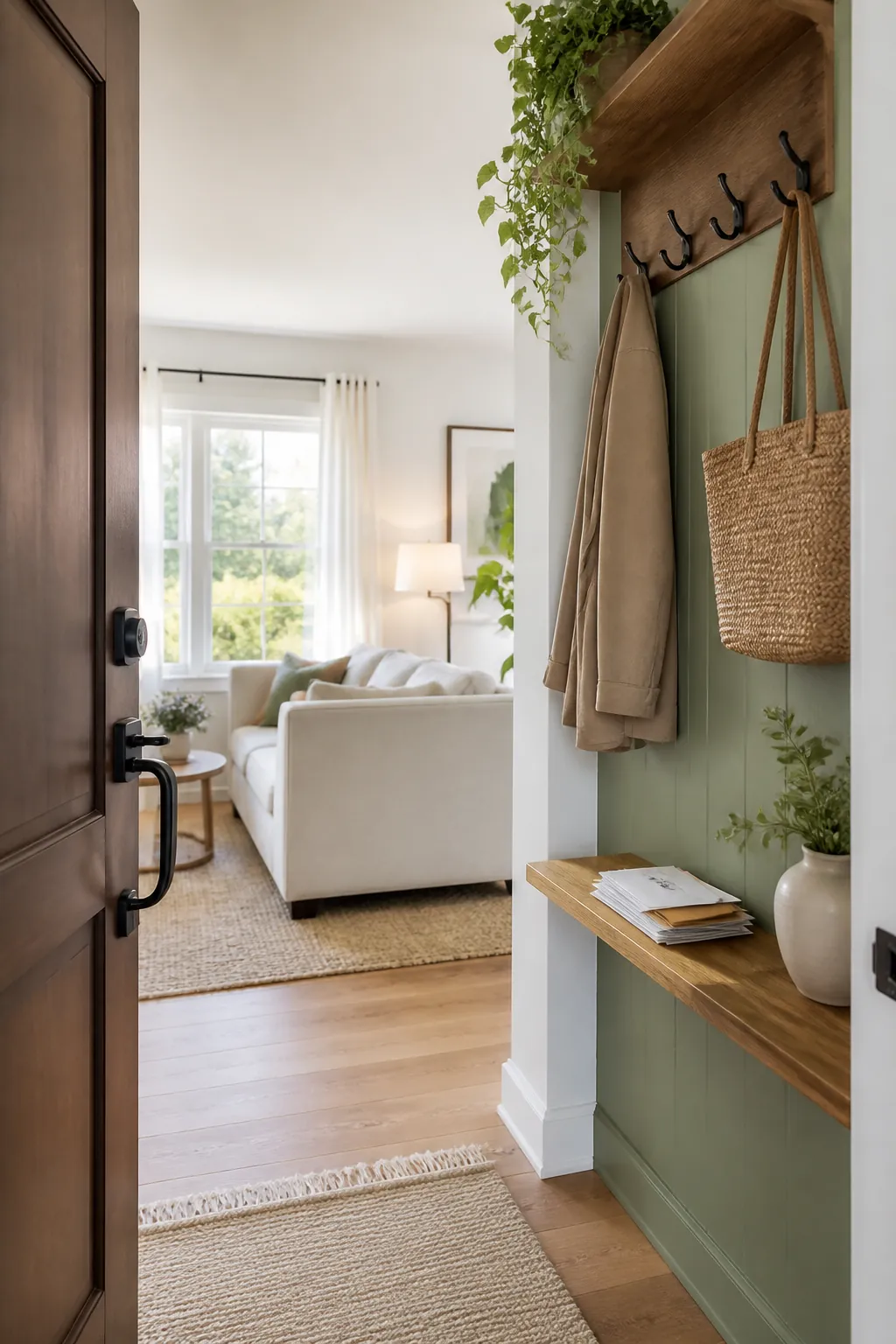 A narrow entryway shelf holding a stack of envelopes and mail just inside the front door, coat hooks above.