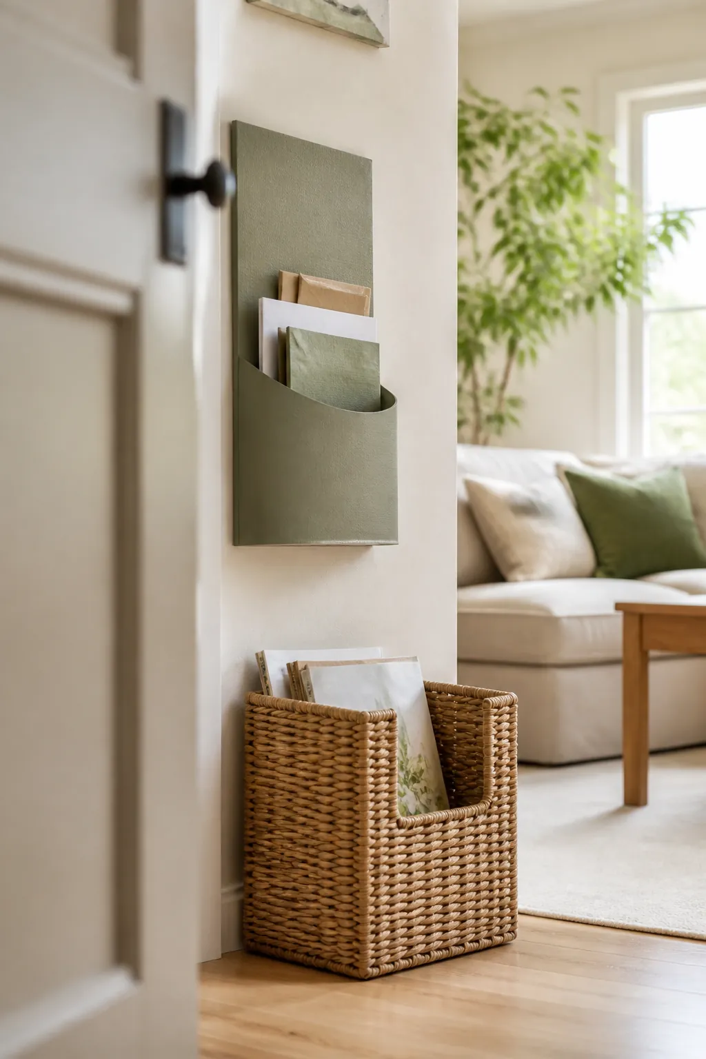 Wall-mounted mail organizer and magazine basket side by side, both partly emptied during a seasonal review.