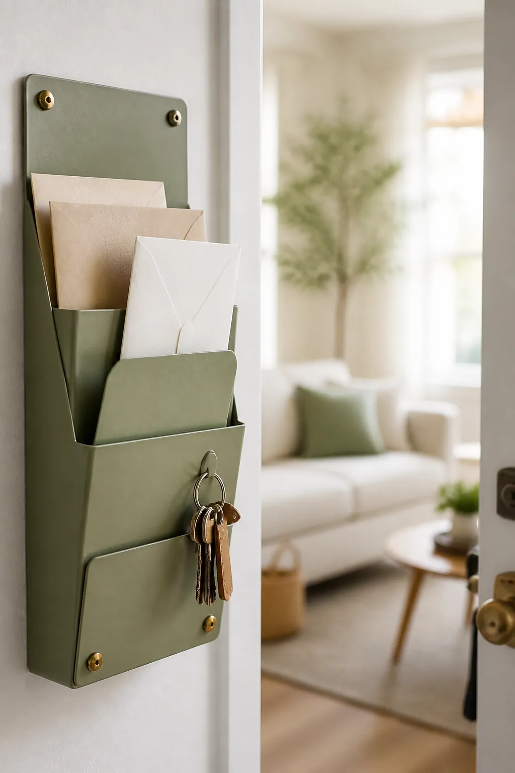 A wall-mounted mail organizer with several pockets holding envelopes and keys near a front door.