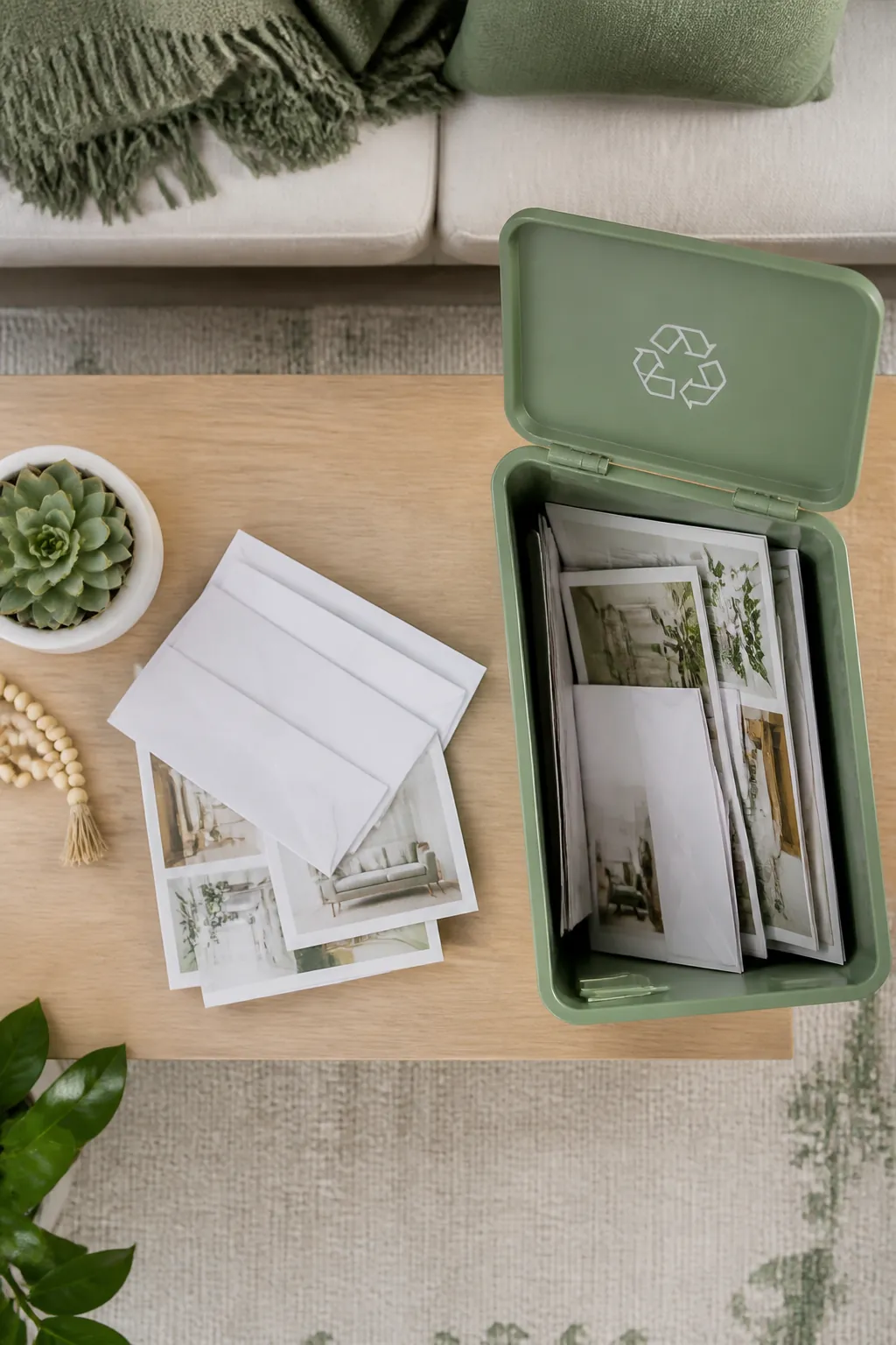 Open recycling bin beside a stack of envelopes and glossy circulars sorted for disposal near a kitchen counter.