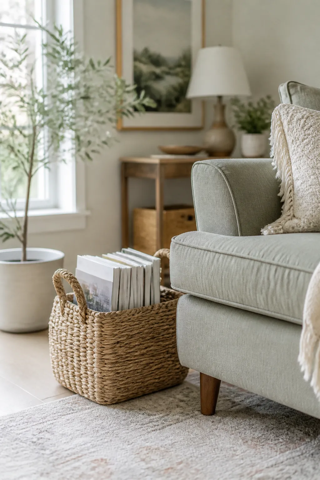Large woven basket beside an armchair holding magazines upright with the woven base still visible.