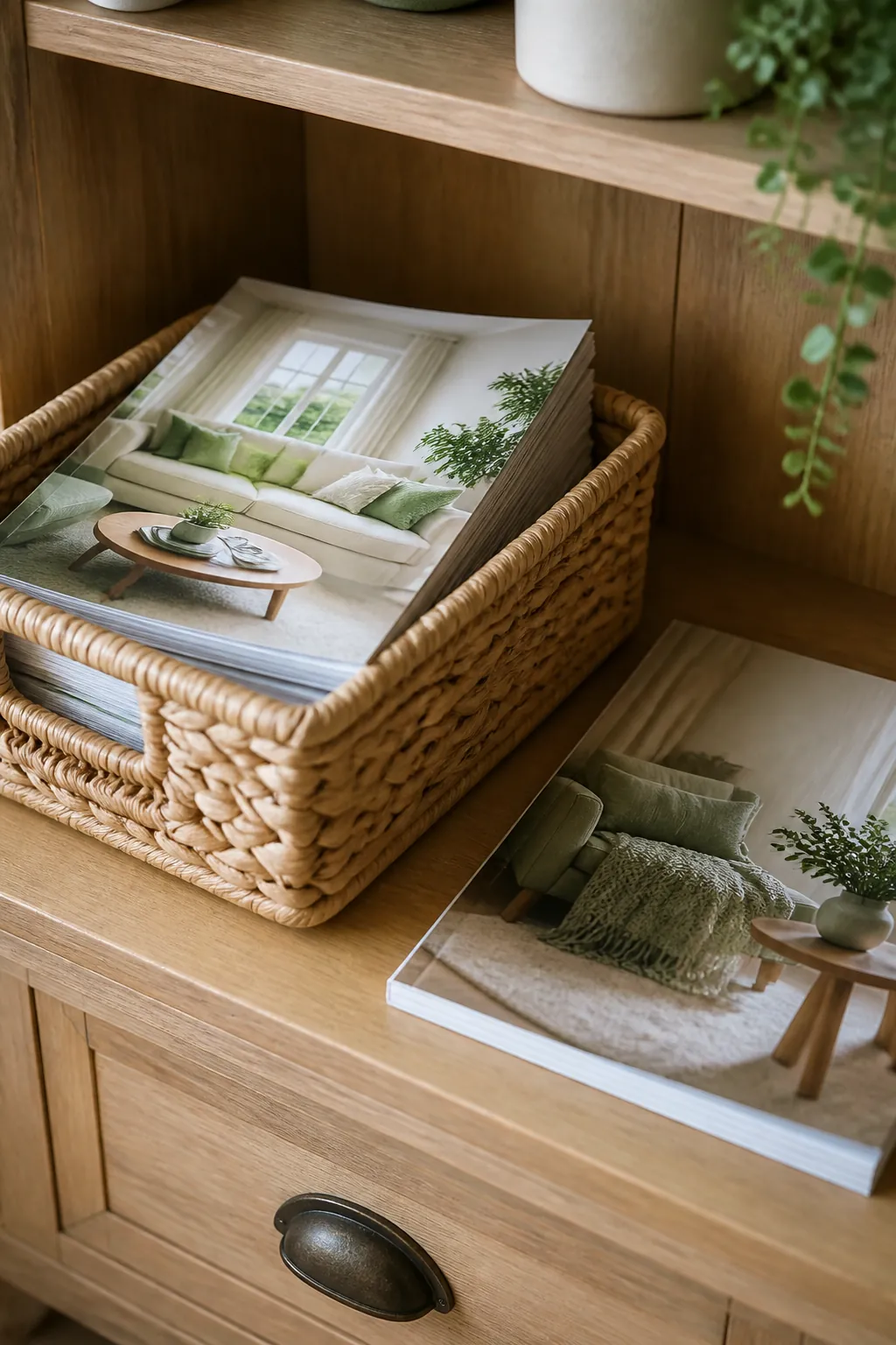 Magazine basket with a new issue on top of a stack and one older issue set aside for removal.
