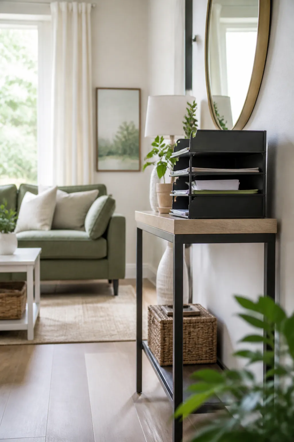 4-tier desk organizer on a console table with a file section holding envelopes and forms needing action.