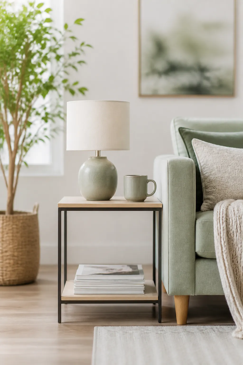 Slim side table with a lower open shelf holding a flat stack of magazines beneath the tabletop.