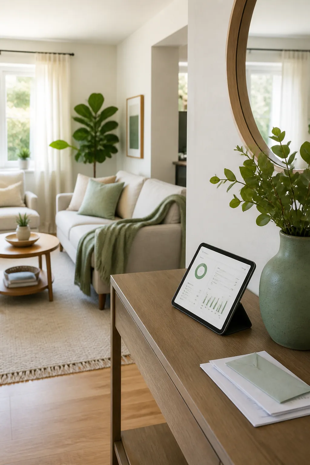 Tablet showing a digital statement on a console table beside a noticeably thinner stack of paper mail.