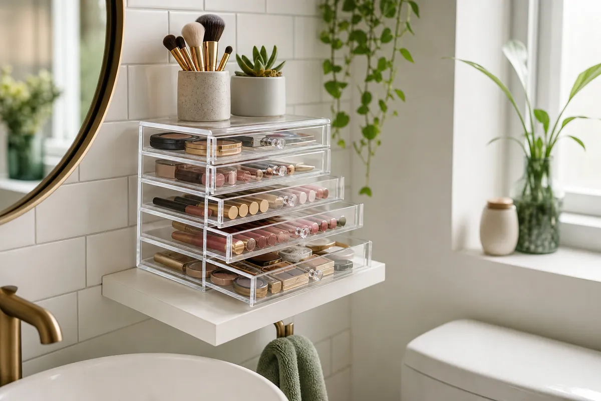 Clear acrylic drawer tower used for makeup storage ideas on a narrow white shelf beside a small bathroom mirror with subway tile