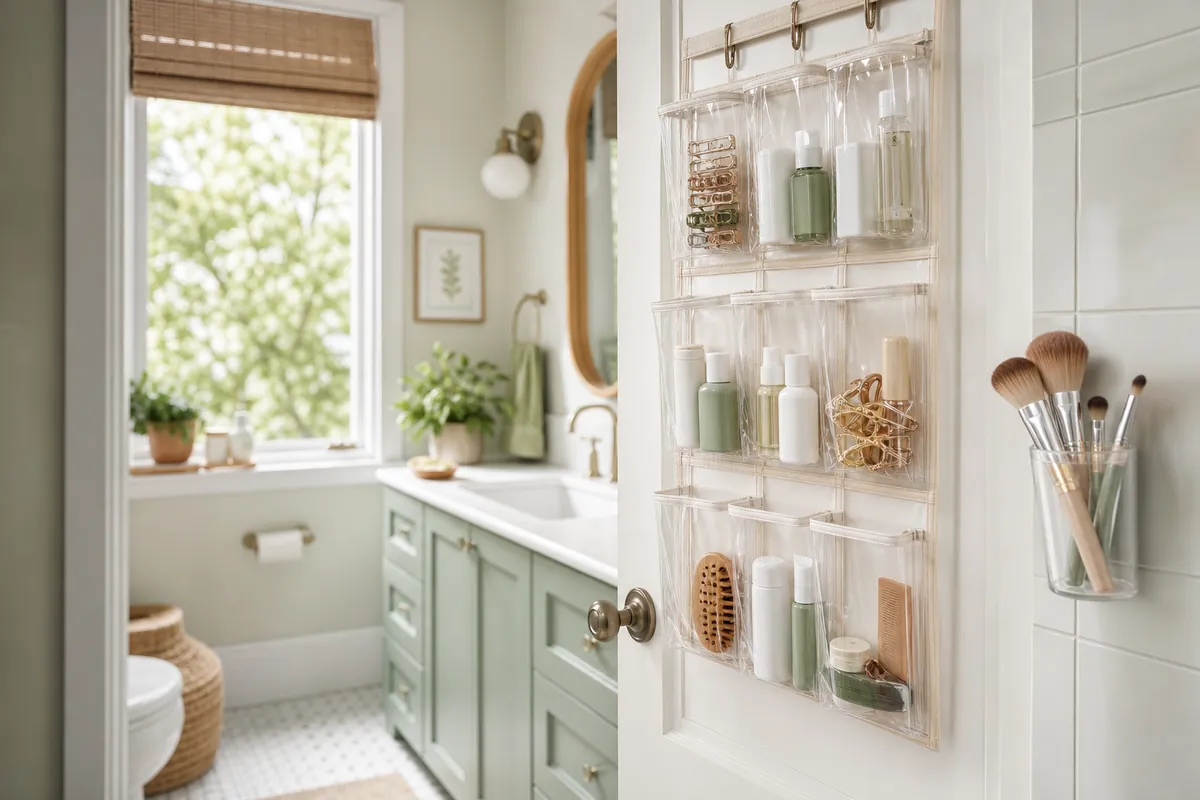 Over-the-door pocket organizer and an adhesive tile cup of brushes showing renter-friendly makeup storage ideas in a tiny bathroom
