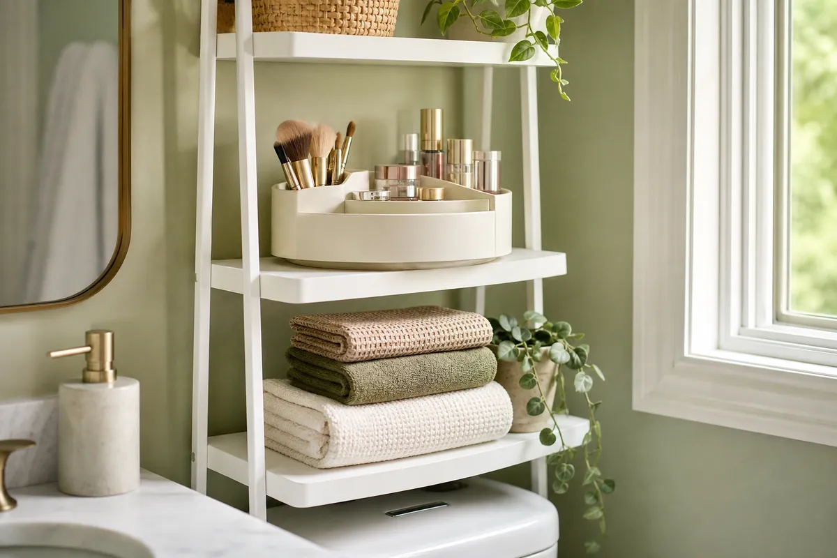 Rotating makeup organizer on an over-the-toilet shelf, one of the makeup storage ideas for bathrooms with no counter space