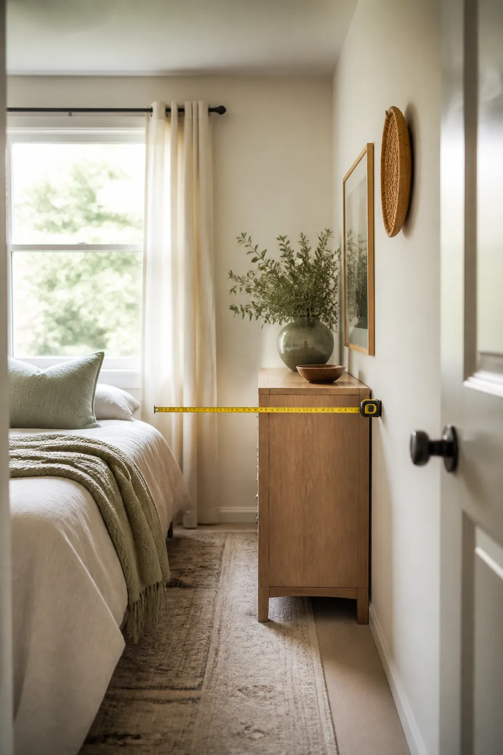 A tape measure stretched across a narrow bedroom corner, measuring the clear wall width beside a dresser.