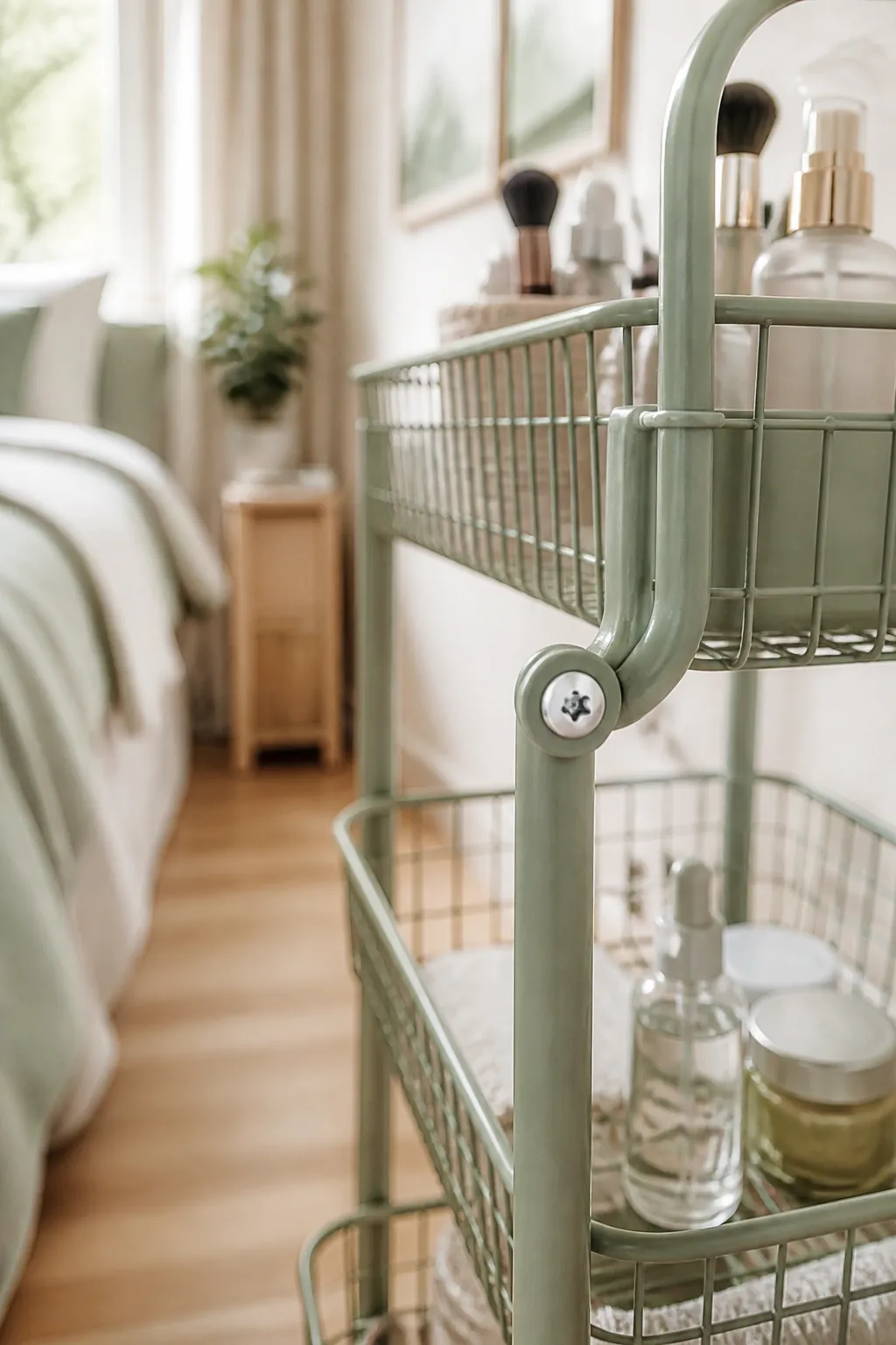 A 3-tier rolling cart with wire baskets standing in a bedroom corner, holding makeup and skincare bottles.