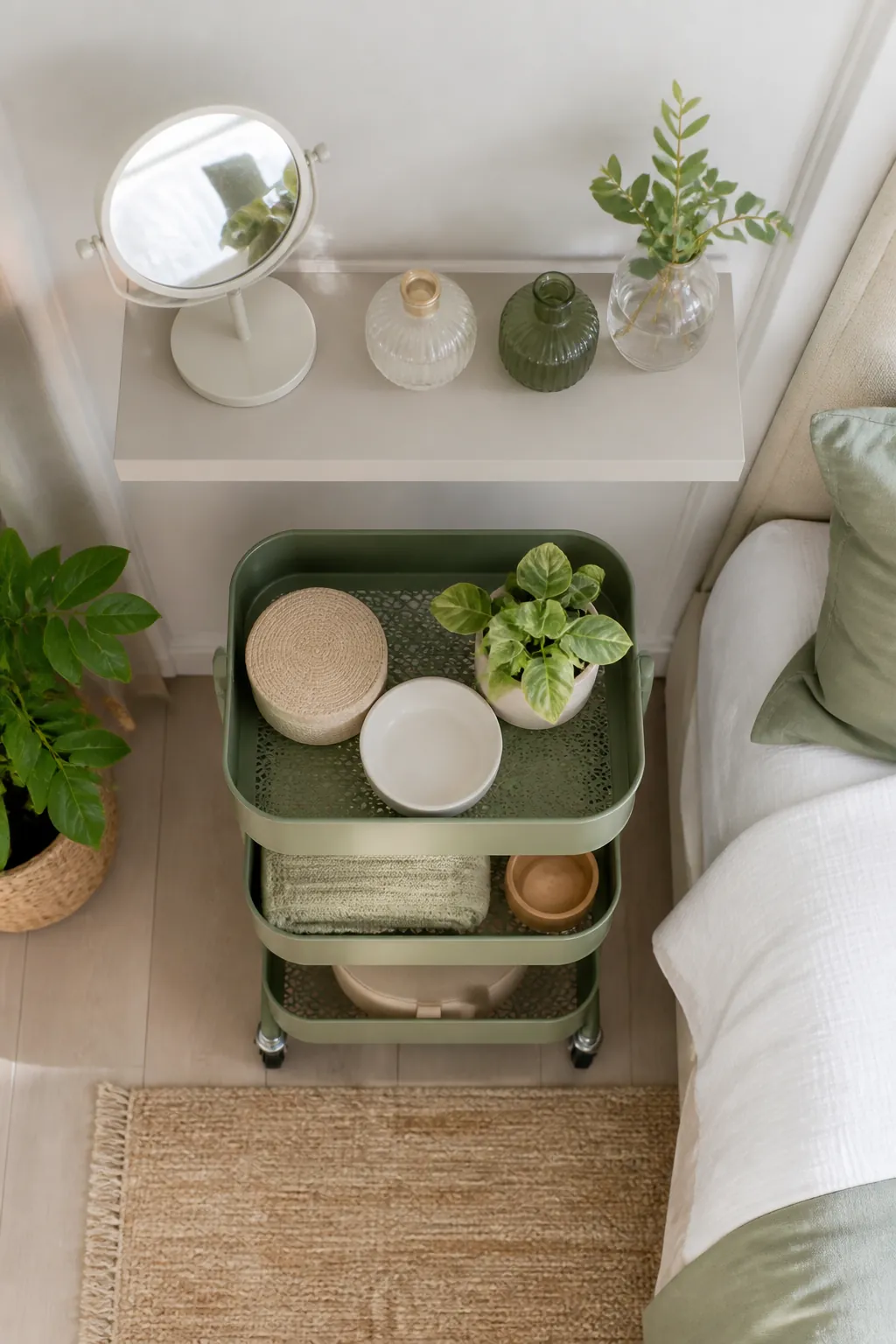 A floating shelf mounted above a rolling cart, holding a small mirror stand and a few glass bottles.