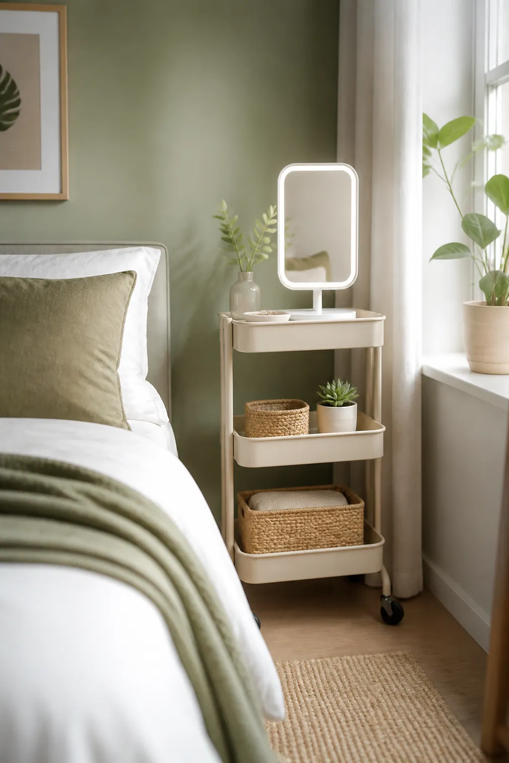 A small battery-powered LED mirror standing on the top tier of a rolling cart in a bedroom corner.