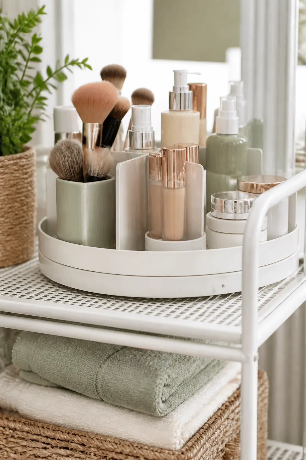 A rotating makeup organizer turntable holding foundation, brushes, and skincare products upright on a shelf.