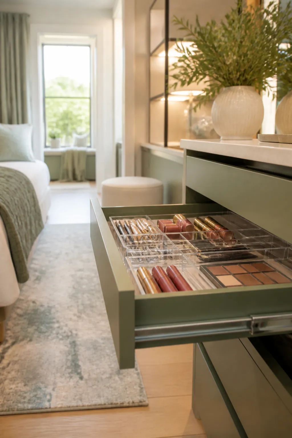 An open drawer fitted with an acrylic makeup organizer, separate compartments for lipsticks, pencils, and a palette.