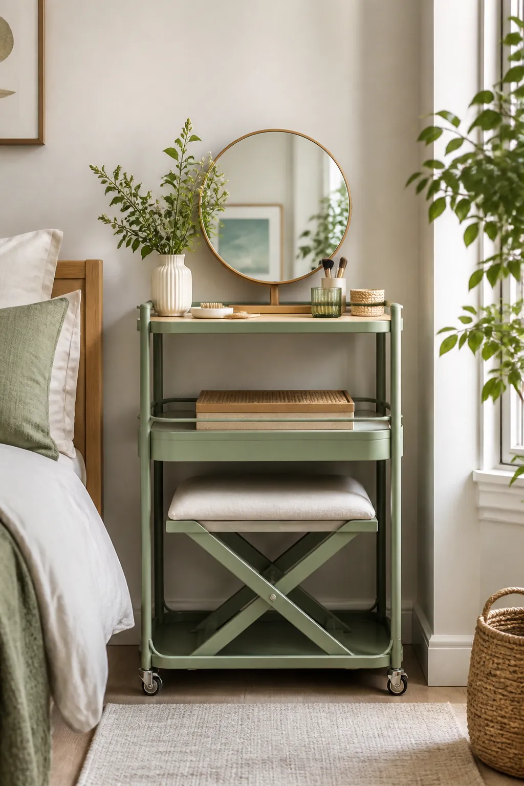 A folding stool tucked under the bottom tier of a rolling cart, out of the way in a bedroom corner.