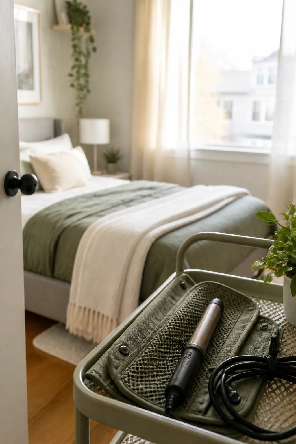 A curling iron resting in a heat-resistant pouch on a metal cart top, its cord coiled loosely nearby.