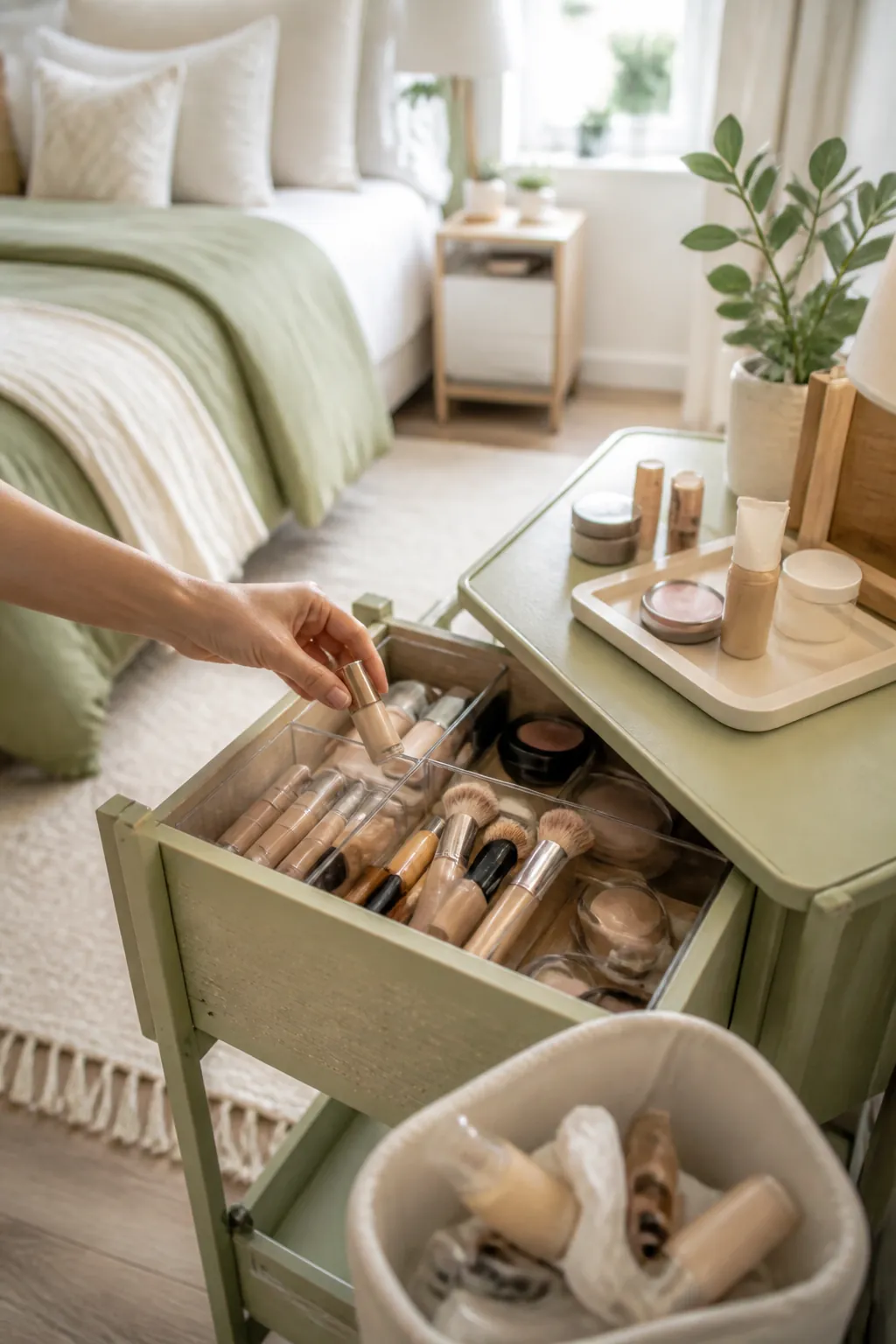 A hand sorting through a drawer of makeup products on a cart, several items set aside for disposal.
