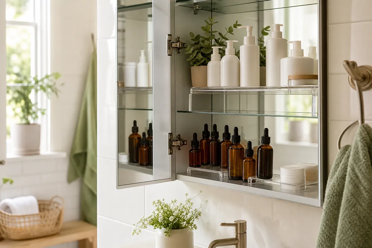 Open mirrored cabinet with clear stackable risers doubling shelf layers, a simple medicine cabinet organization fix for tall wasted space