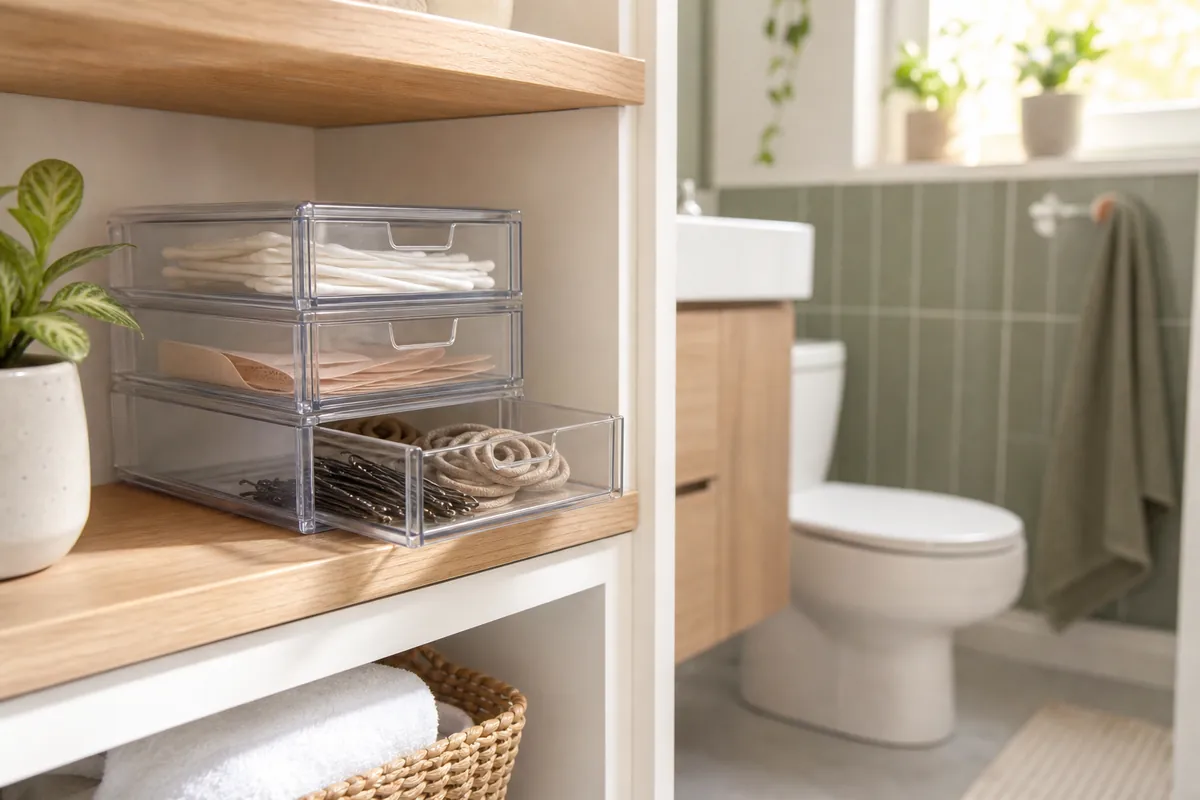 Small clear stackable drawers inside a bathroom cabinet holding hair pins and bandages for tidy medicine cabinet organization of tiny items