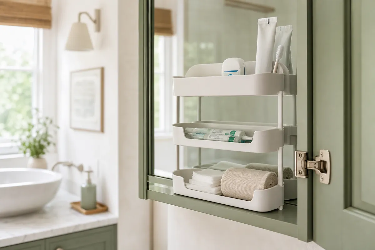 Portable three-tier medicine organizer tray on a cabinet shelf holding daily grooming and first aid items for easy medicine cabinet organization