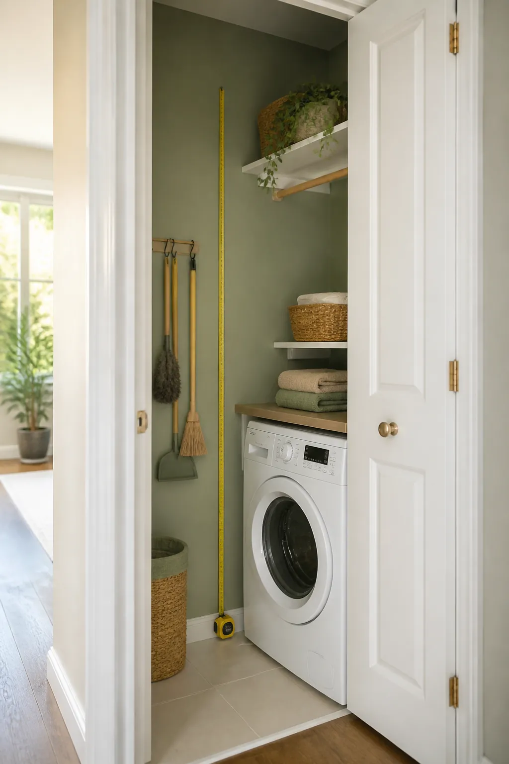 A tape measure stretched across a narrow utility closet, measuring the wall width beside the fully open door.