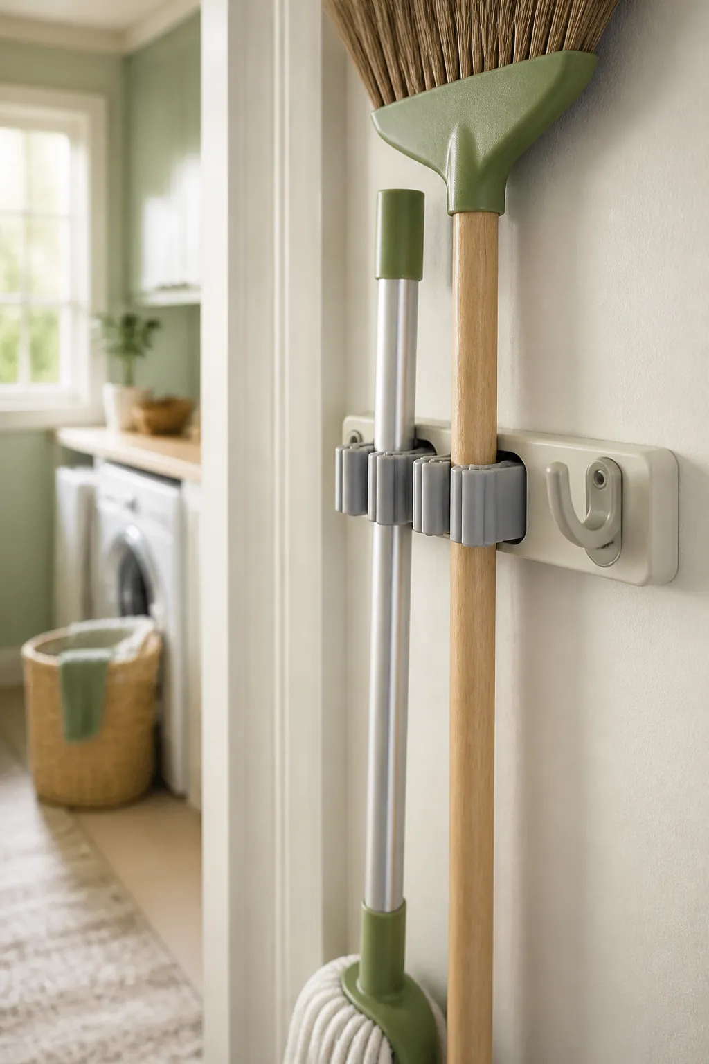 A broom and mop held upright by a wall-mounted organizer with spring grippers on a narrow closet's side wall.