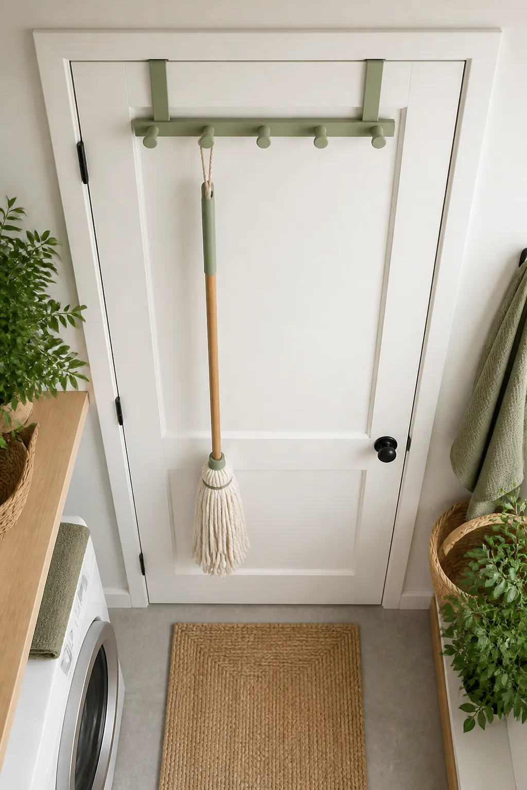 A mop hanging by a cord loop from an over-the-door hook hanger mounted on a closet door.