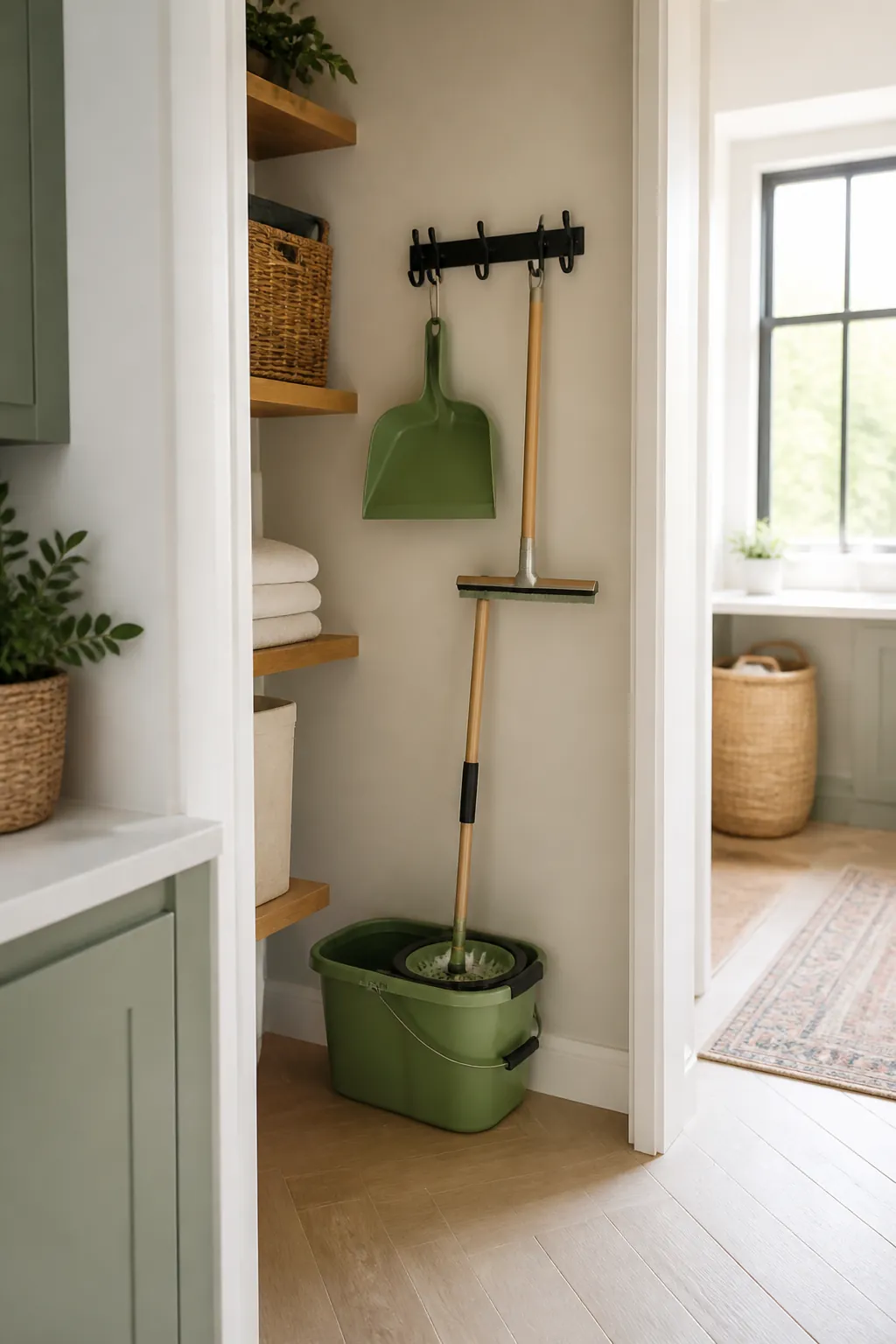 A wall hook rack above a mop bucket holding a dustpan and a squeegee on separate hooks.