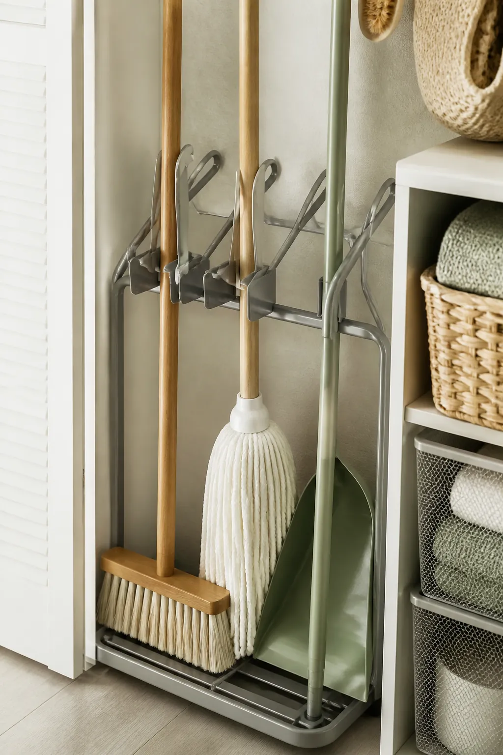 A freestanding rack with angled slots holding a broom, a mop and a dustpan on a closet floor.