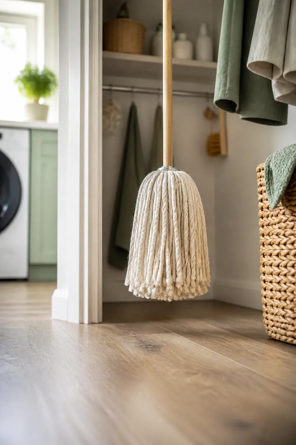 A damp mop head hanging clear of the floor and the side wall, with open air on both sides.