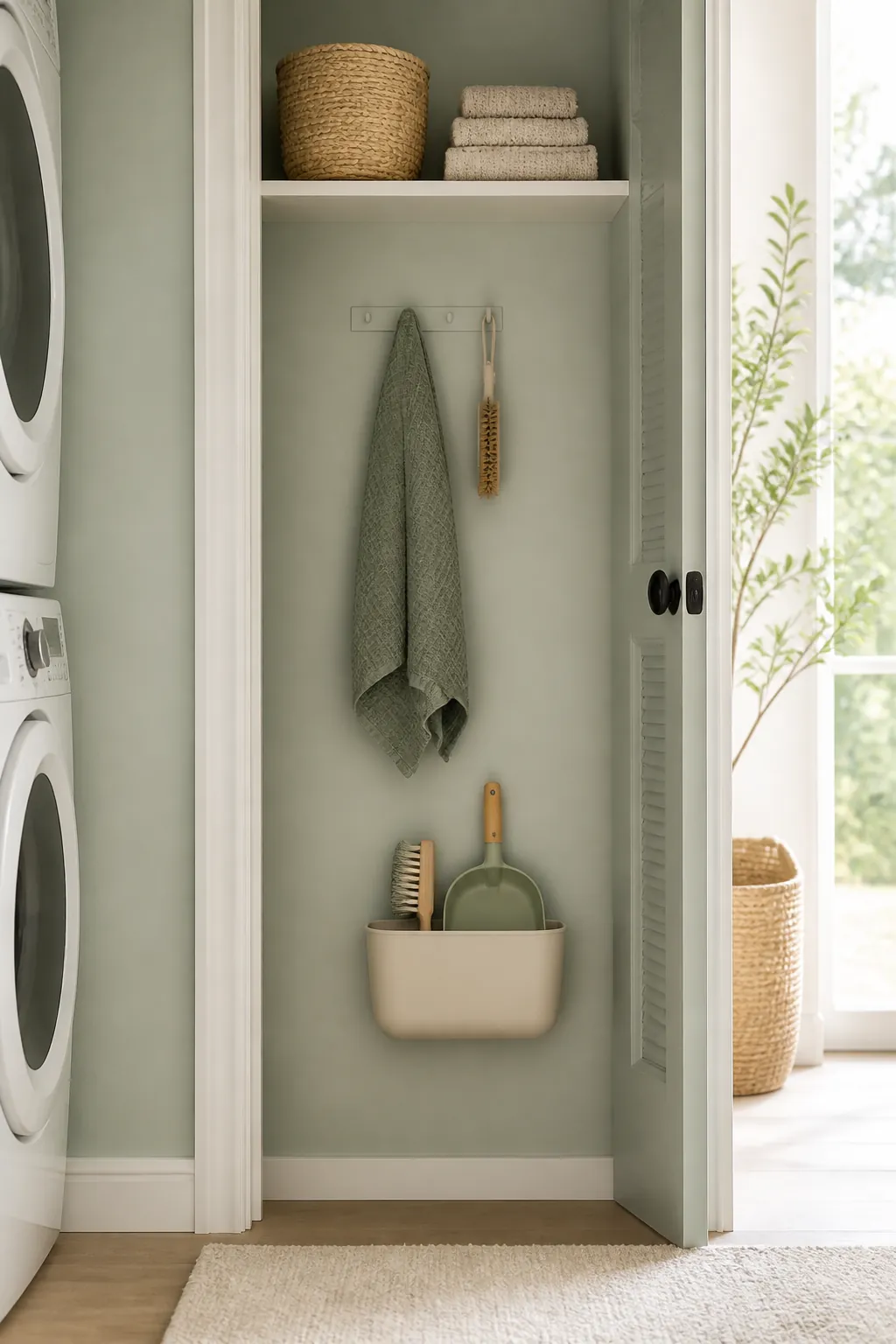 A shallow bin at knee height holding a hand brush and a short-handled dustpan inside a closet.