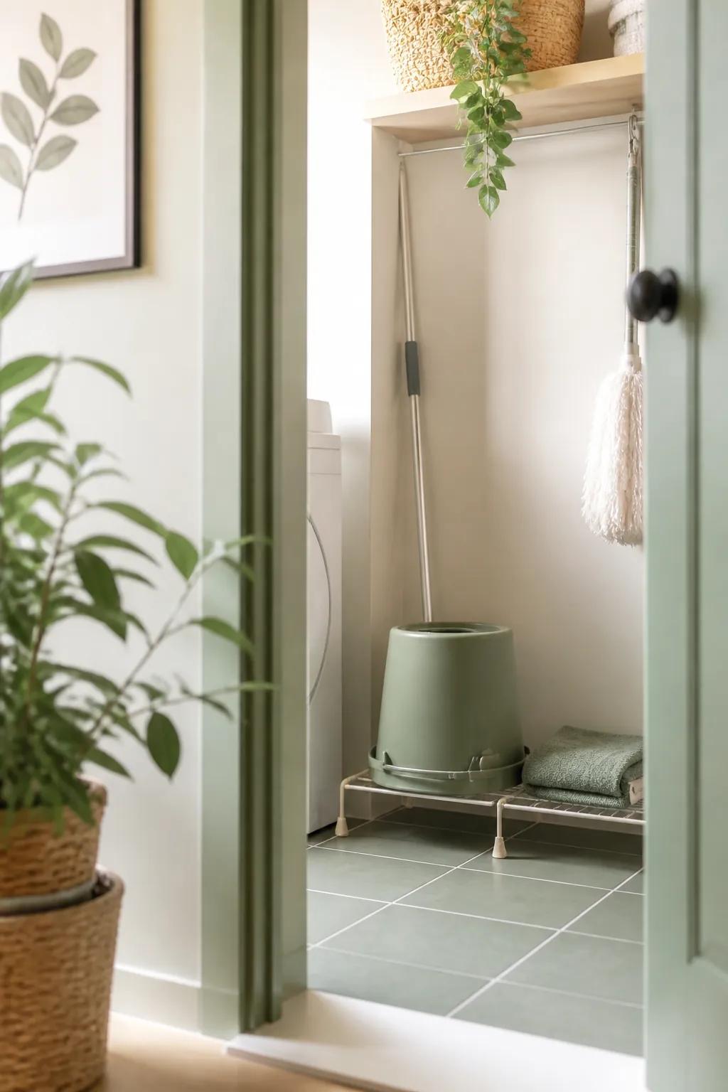 A mop bucket tipped upside down on a small drying rack beside a folded towel on the floor.