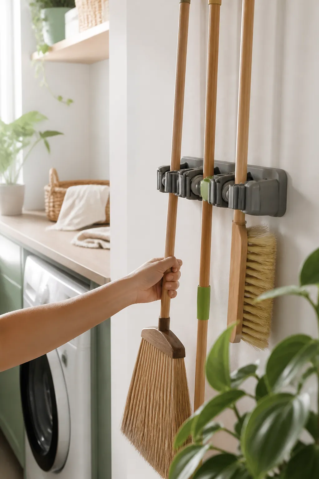 A hand tugging down on a wall-mounted broom organizer to check its grip during a routine recheck.