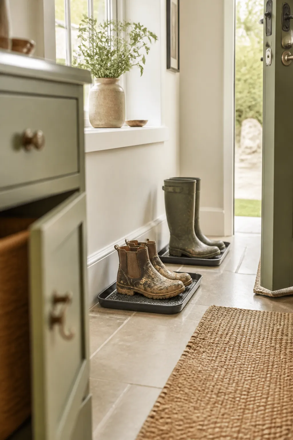 Two separate boot trays spaced apart near an entry door, each holding a different muddy pair